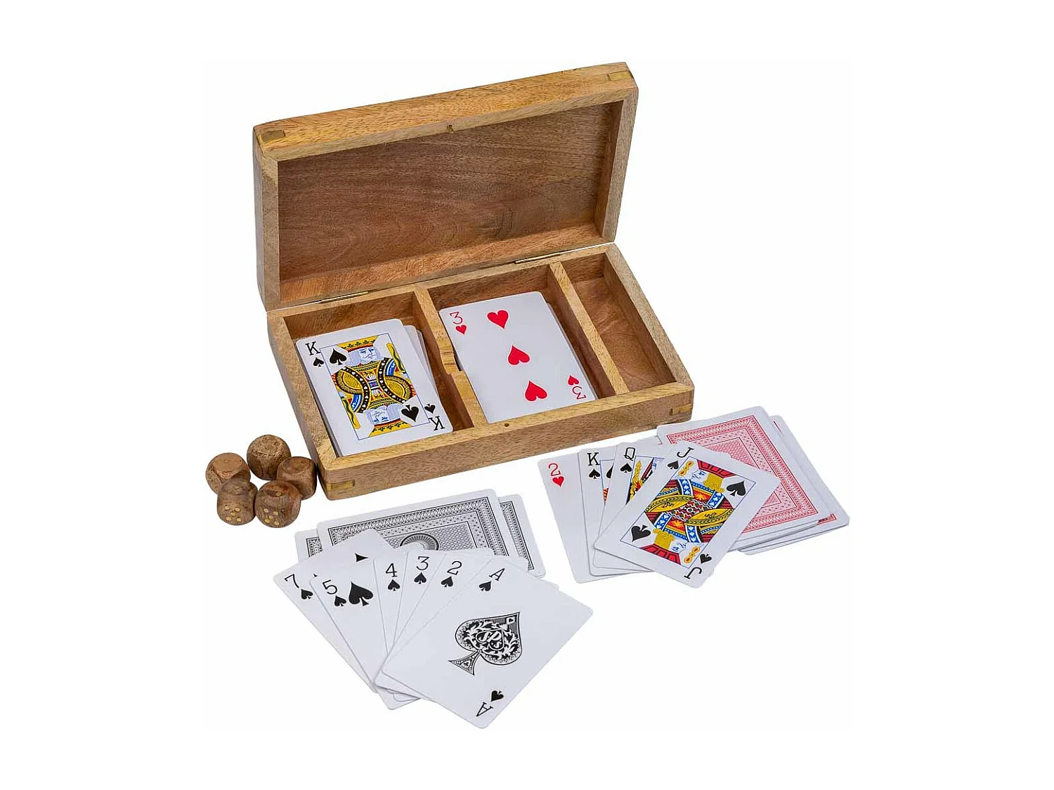 Jogo 2 em 1 (cartas+dados) em caixa de madeira castanha 19,5x12x4 cm