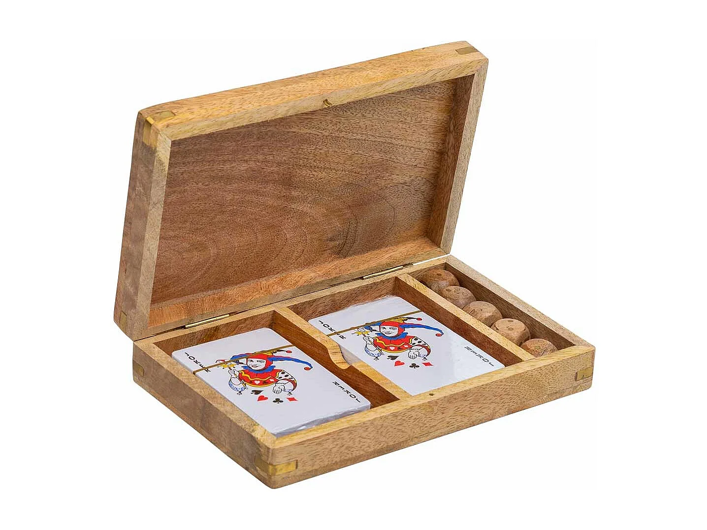 Jogo 2 em 1 (cartas+dados) em caixa de madeira castanha 19,5x12x4 cm