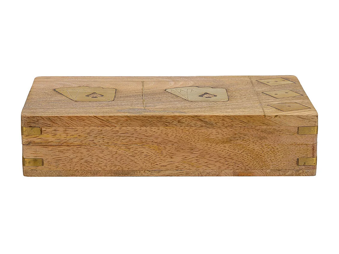 Jogo 2 em 1 (cartas+dados) em caixa de madeira castanha 19,5x12x4 cm