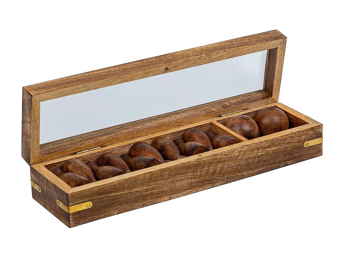 Bowlingspiel (10 Teile + 2 Kugeln) in brauner Holzkiste 25,5x7x5h cm