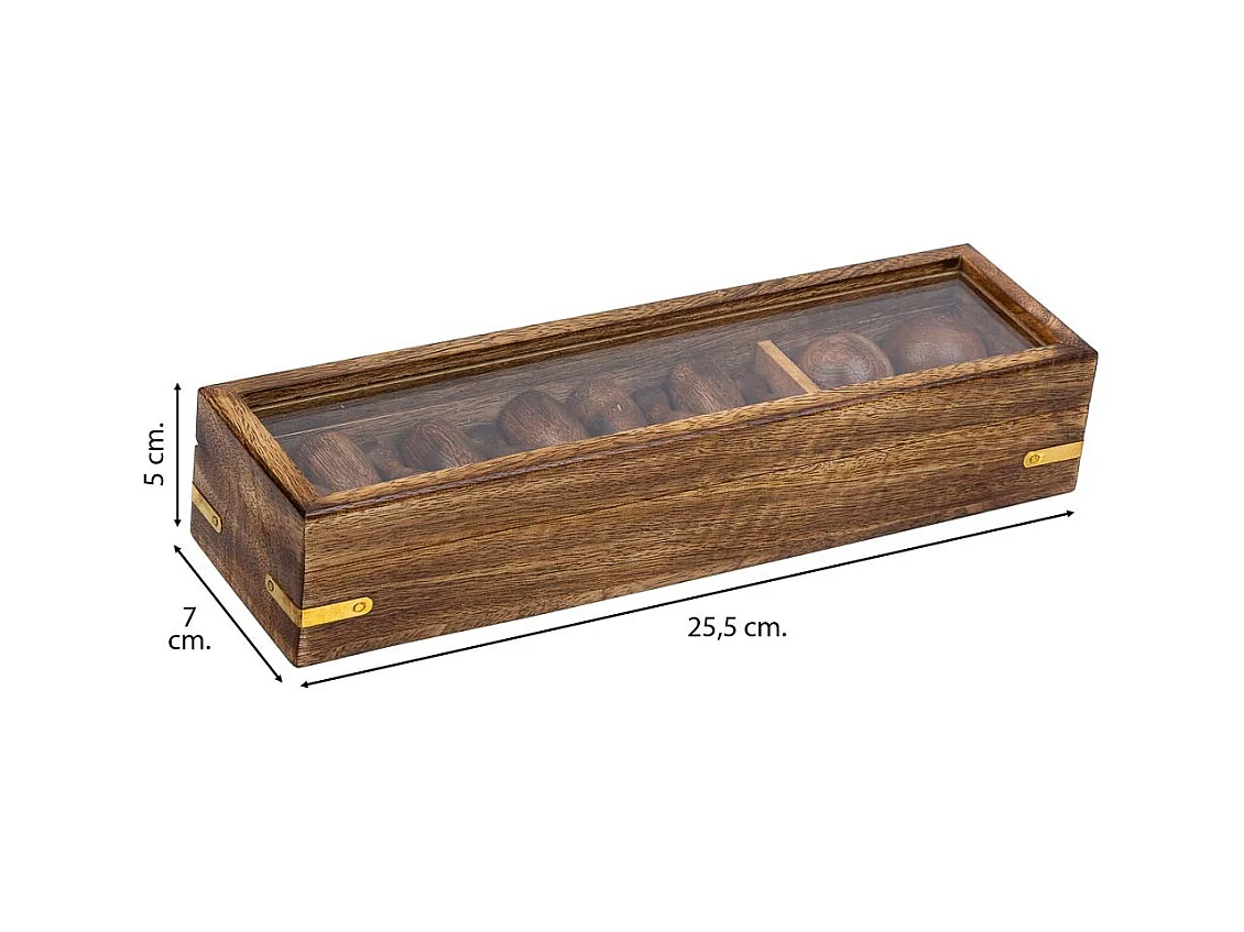 Bowlingspiel (10 Teile + 2 Kugeln) in brauner Holzkiste 25,5x7x5h cm
