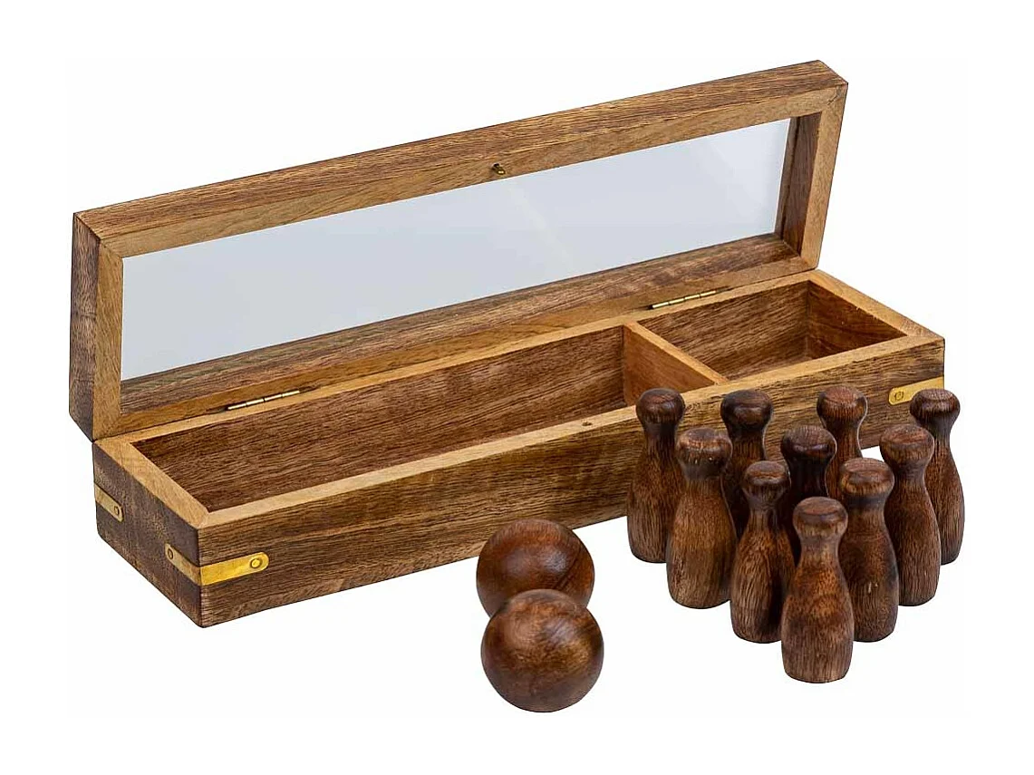 Bowlingspiel (10 Teile + 2 Kugeln) in brauner Holzkiste 25,5x7x5h cm