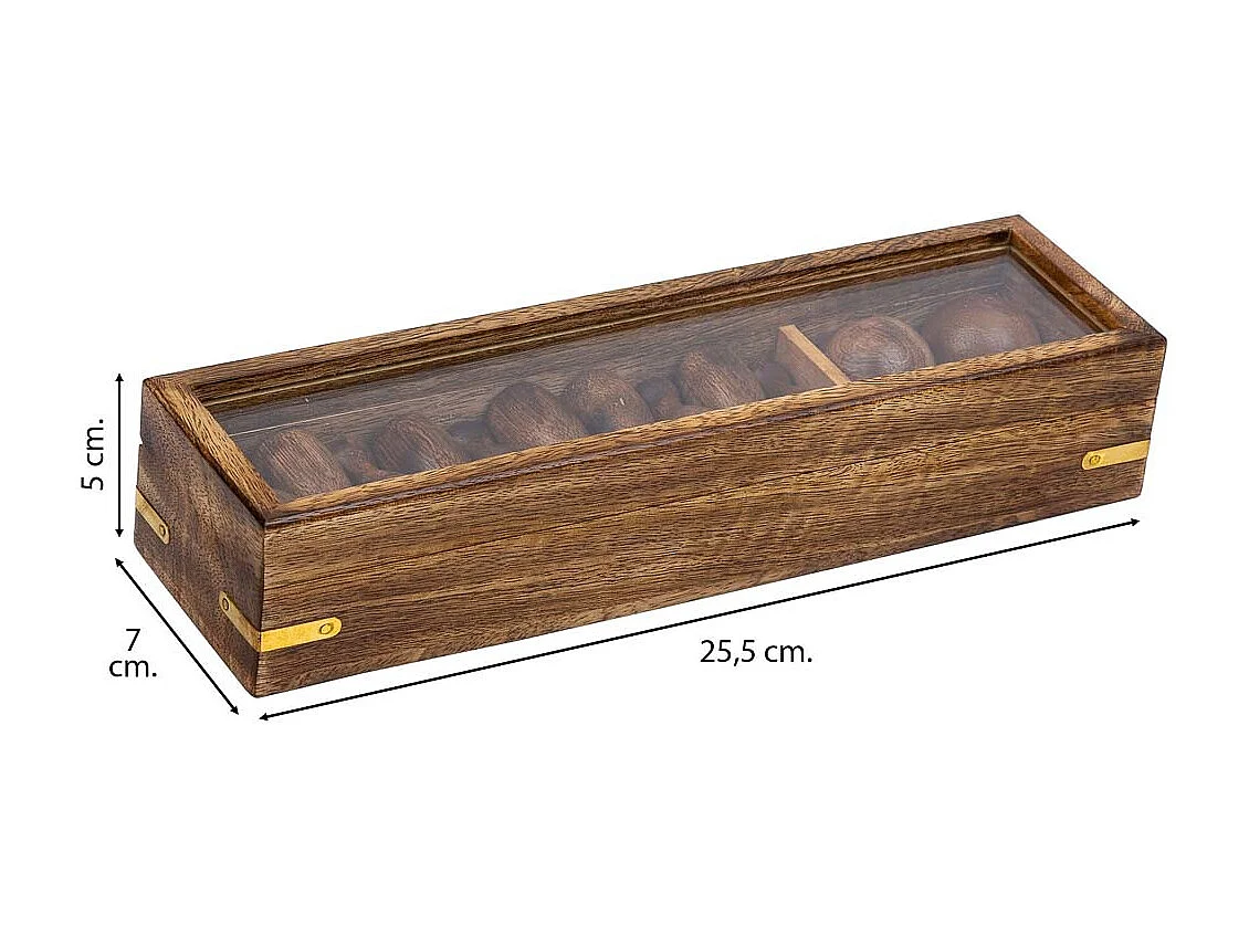 Bowlingspiel (10 Teile + 2 Kugeln) in brauner Holzkiste 25,5x7x5h cm
