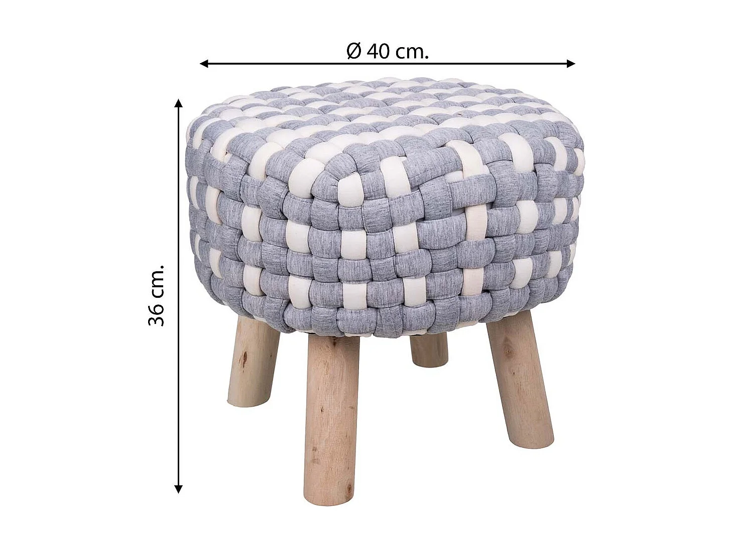 Tabouret en bois et coton tressé gris 40x40x36h