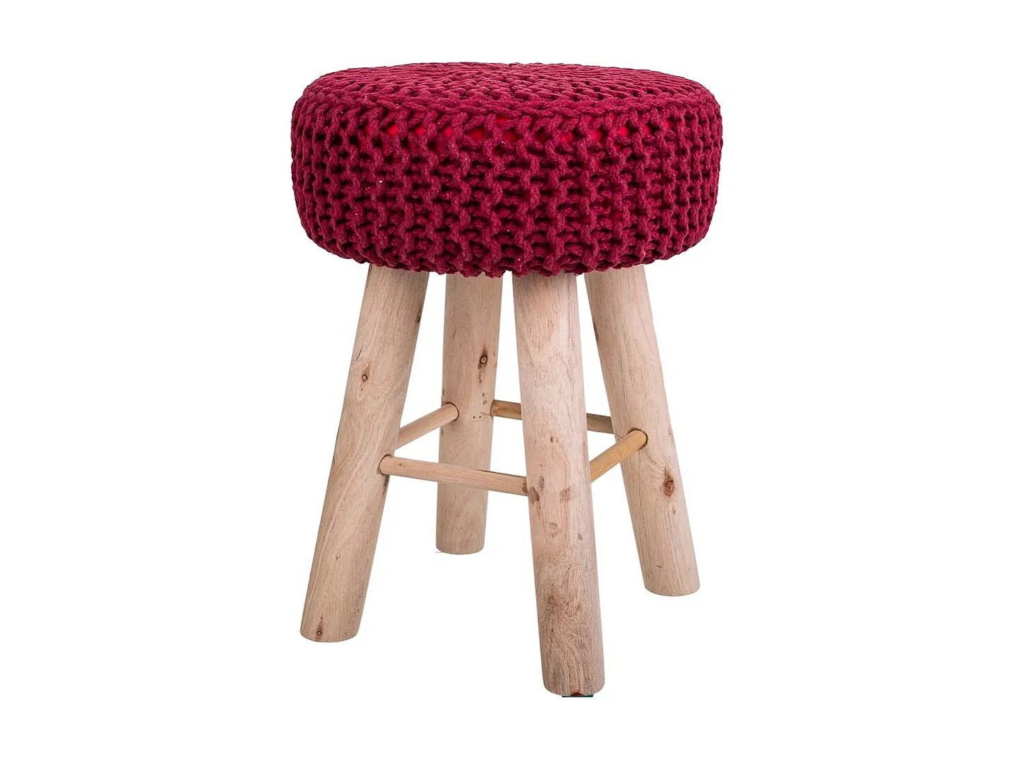 Roter Hocker aus gewebter Baumwolle und Holz, 32x32x44h cm