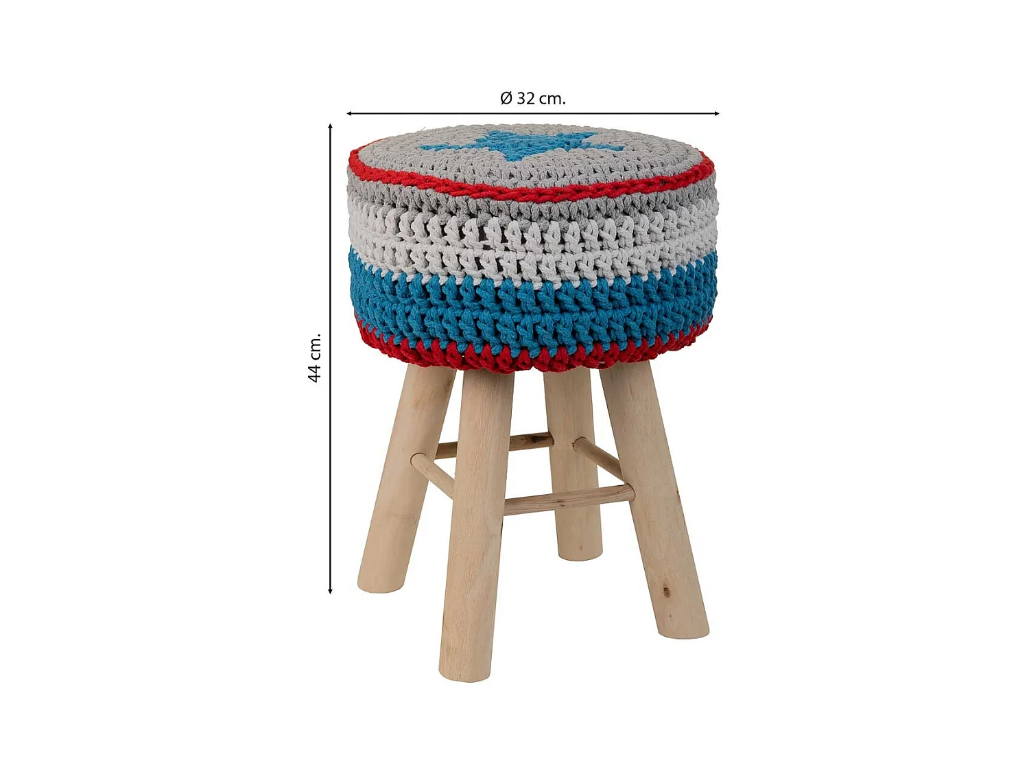 Blauer Hocker aus gewebter Baumwolle und Holz, 32x32x44h cm