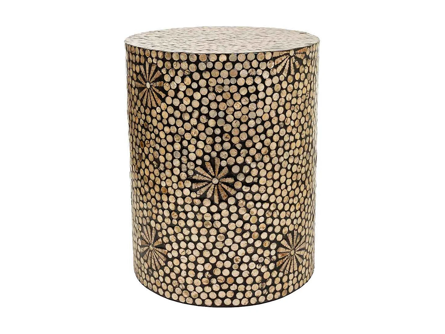 Runder Holzhocker mit braunem Capiz-Finish, 40 x 40 x 51 cm