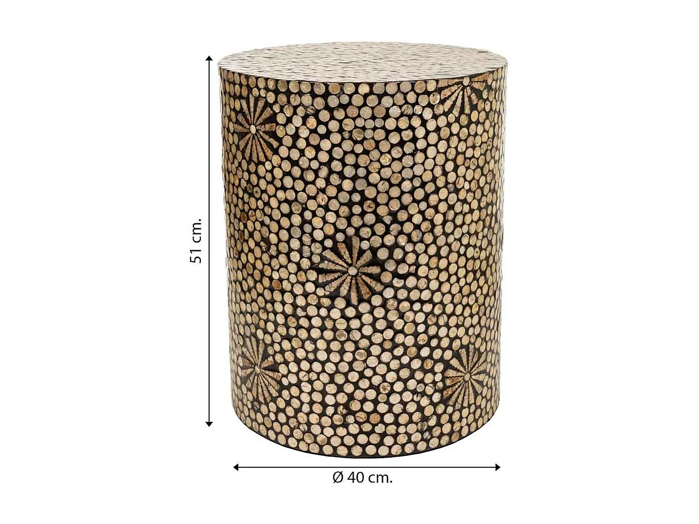 Runder Holzhocker mit braunem Capiz-Finish, 40 x 40 x 51 cm