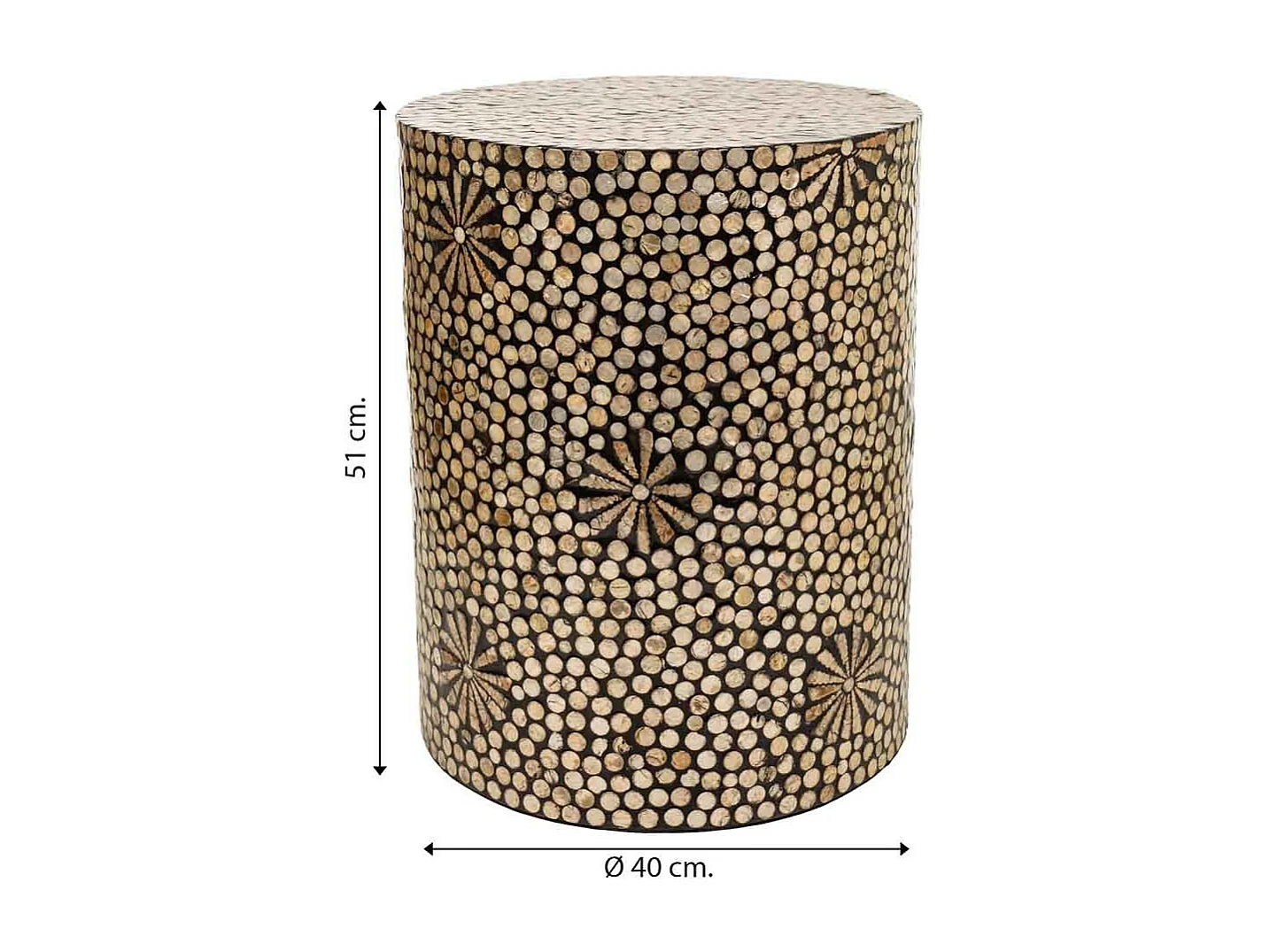 Runder Holzhocker mit braunem Capiz-Finish, 40 x 40 x 51 cm