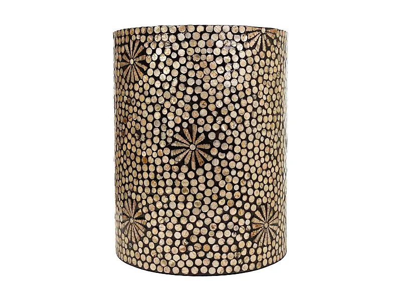 Banco redondo de madeira com acabamento em capiz castanho 40x40x51