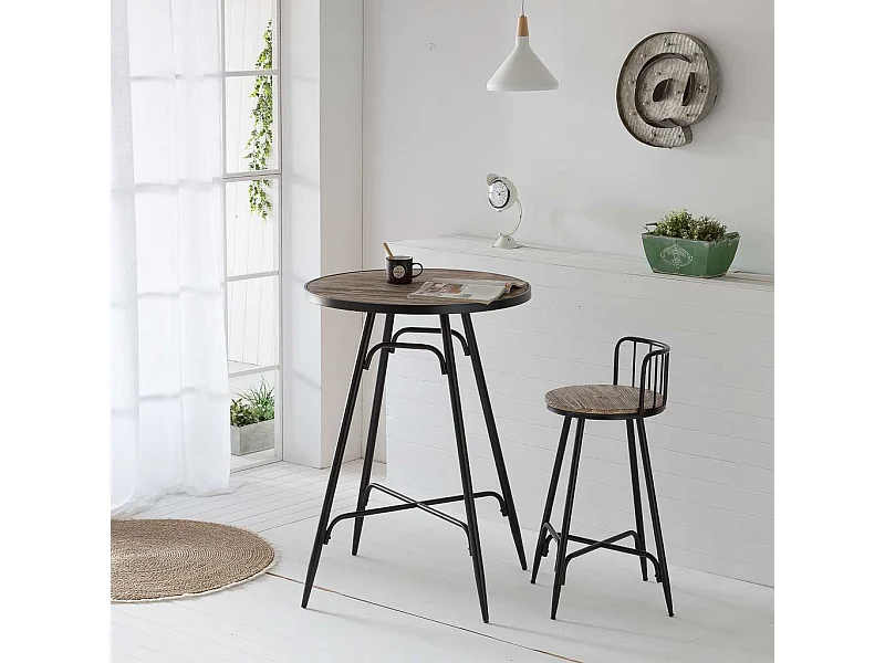 Tabouret avec dossier en métal et bois gris 41x41x88h