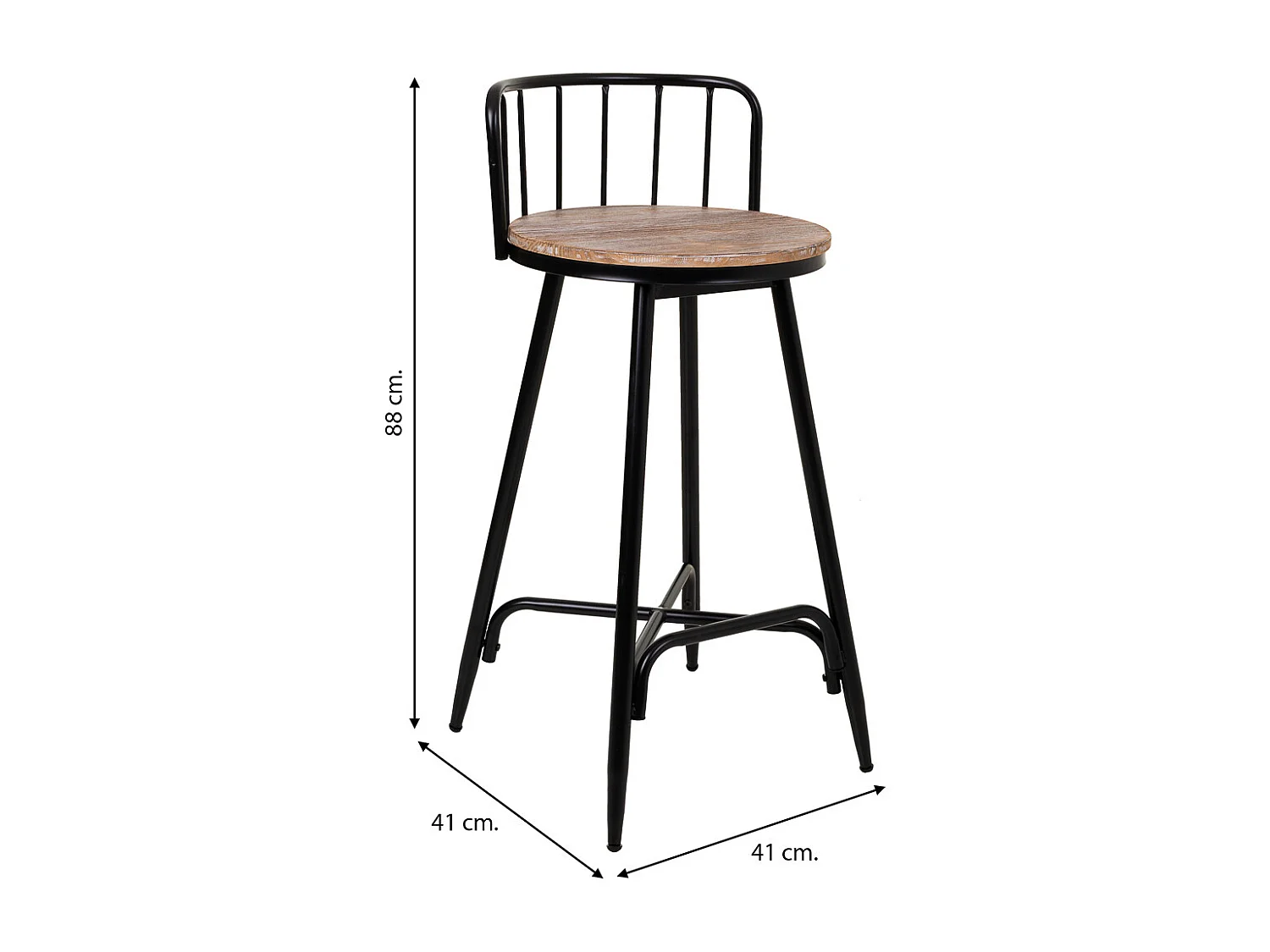 Hocker mit Rückenlehne aus Metall und grauem Holz, 41x41x88h cm