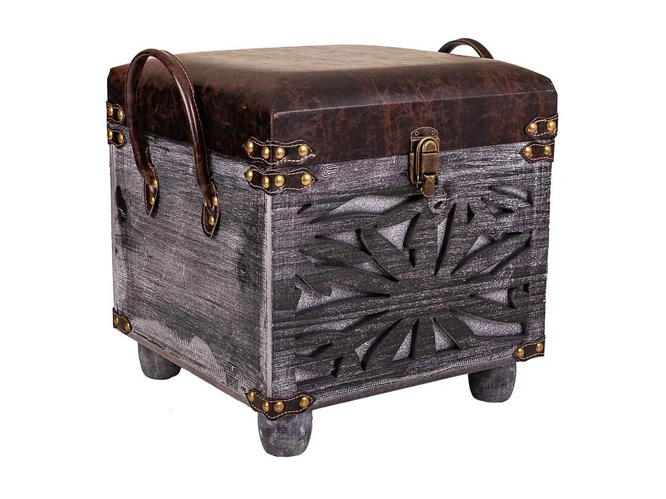 Sgabello con cassetti in legno e similpelle marrone 35x35x33/40h