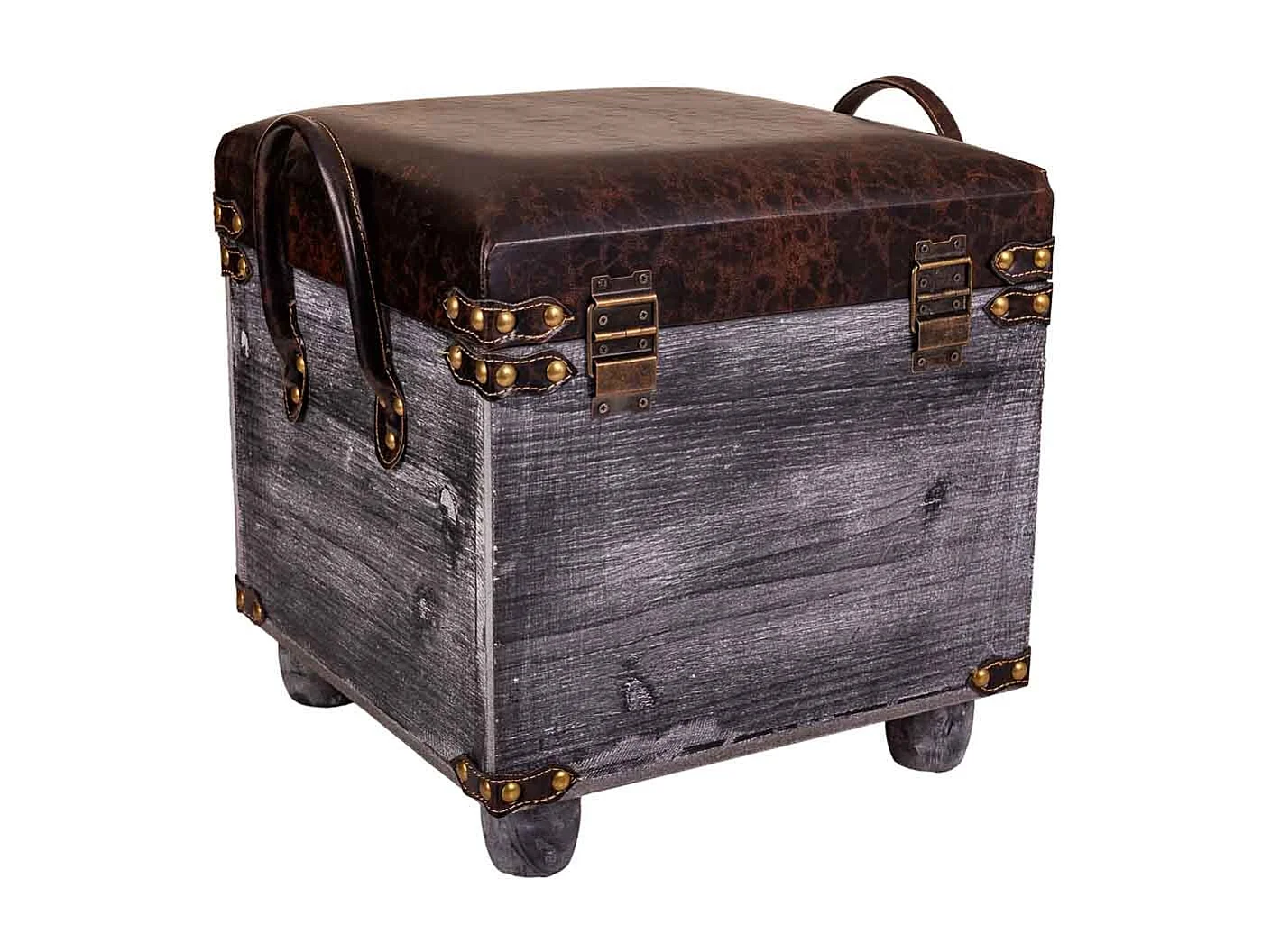 Sgabello con cassetti in legno e similpelle marrone 35x35x33/40h