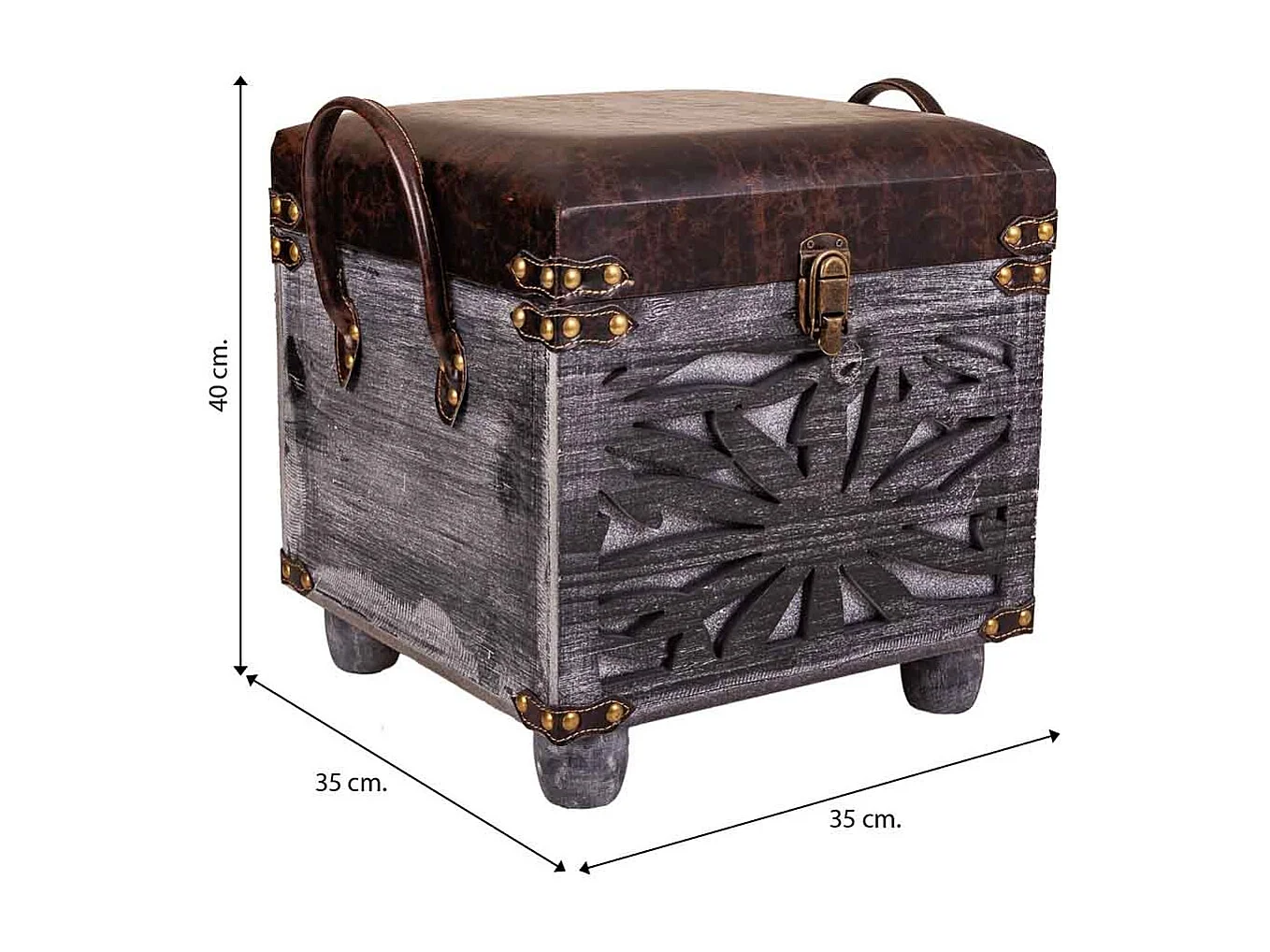 Sgabello con cassetti in legno e similpelle marrone 35x35x33/40h