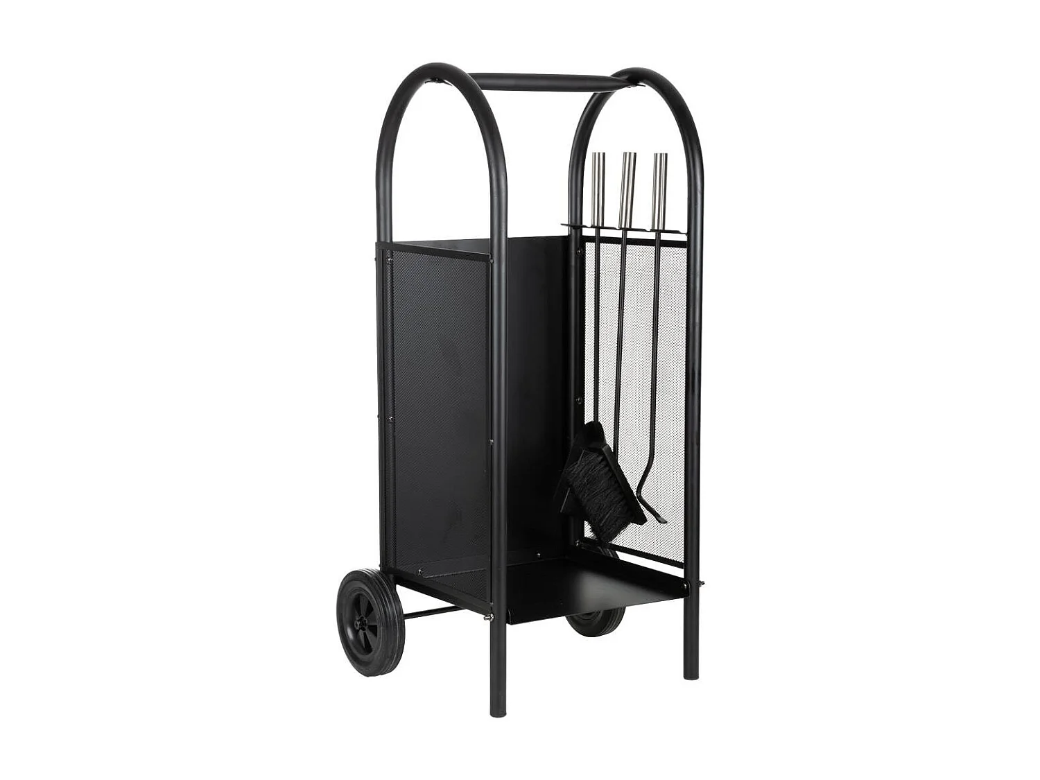 Portalegno in metallo con attrezzi da camino nero 35x32x81h