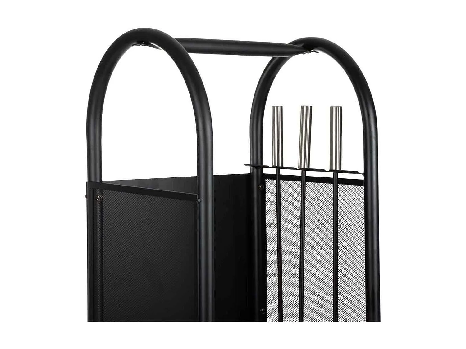 Portalegno in metallo con attrezzi da camino nero 35x32x81h