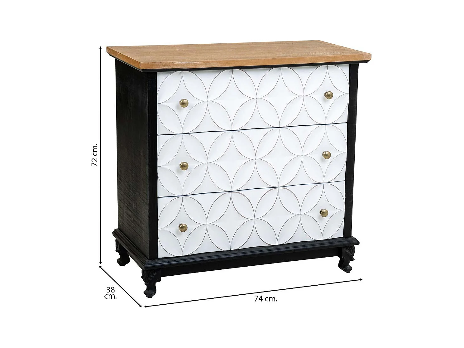 Comoda de madera con 3 cajones 74x38x72