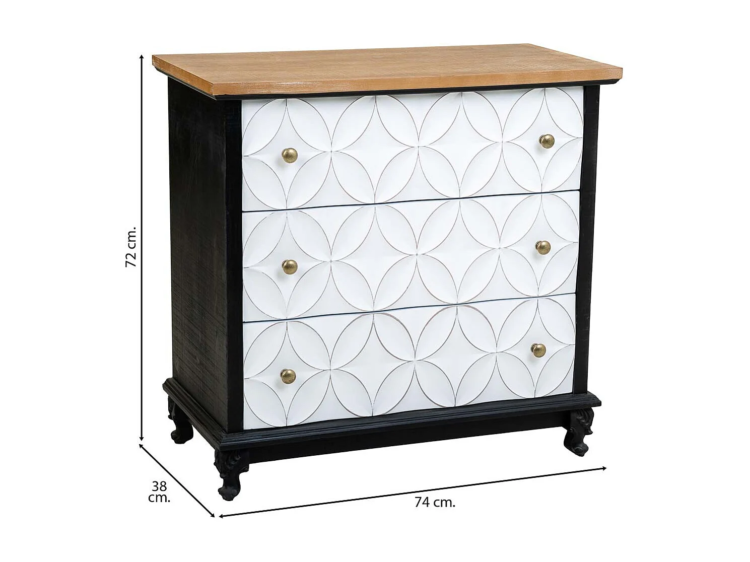 Comò in legno con 3 cassetti 74x38x72