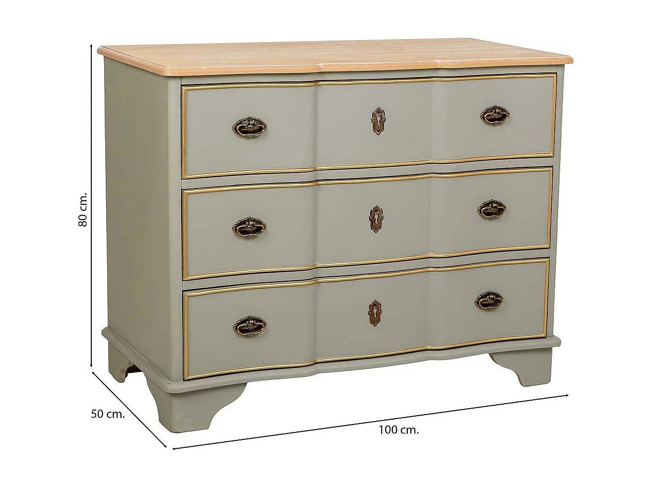 Comoda de madera lacada verde envejecido, 3 cajones 100x50x80