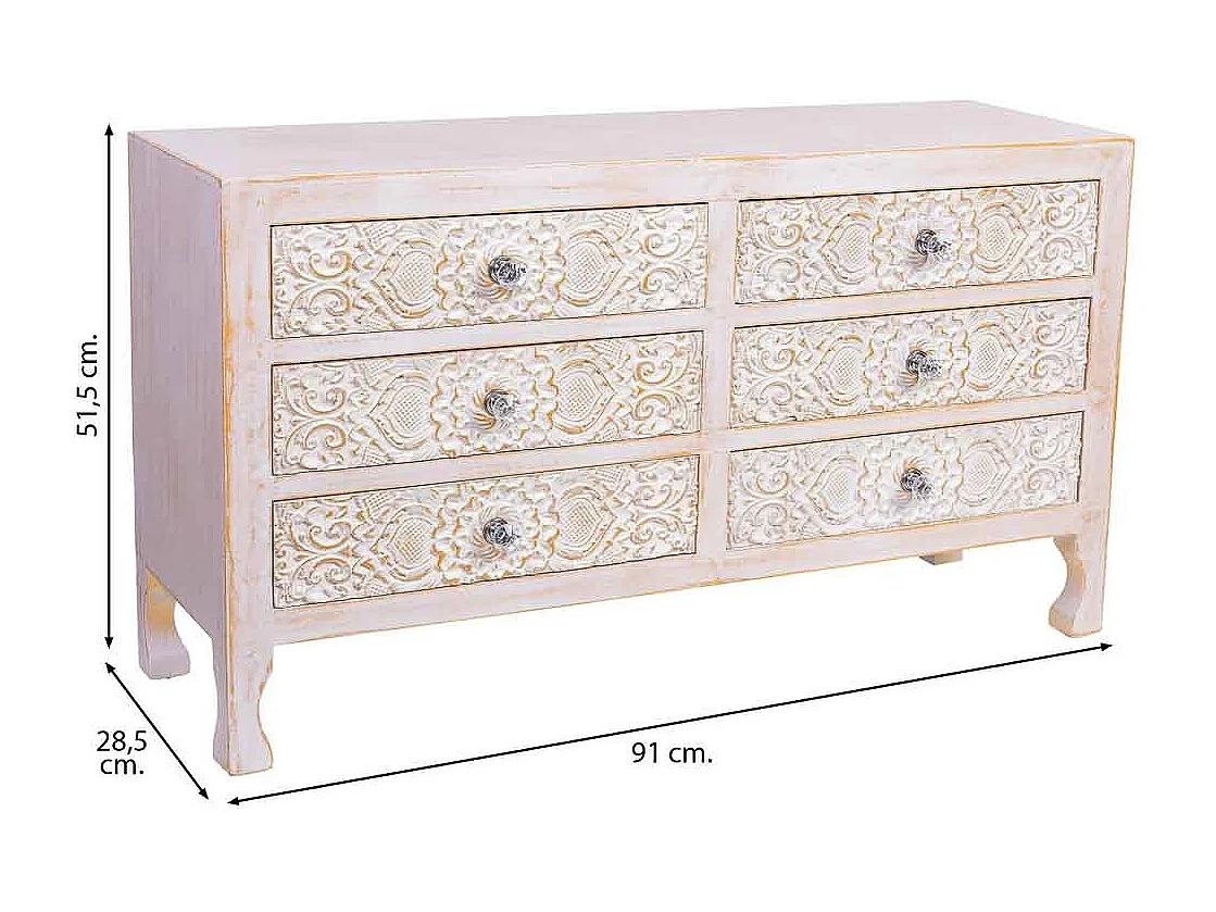 Cómoda de madeira com 6 gavetas 91x28,5x51,5