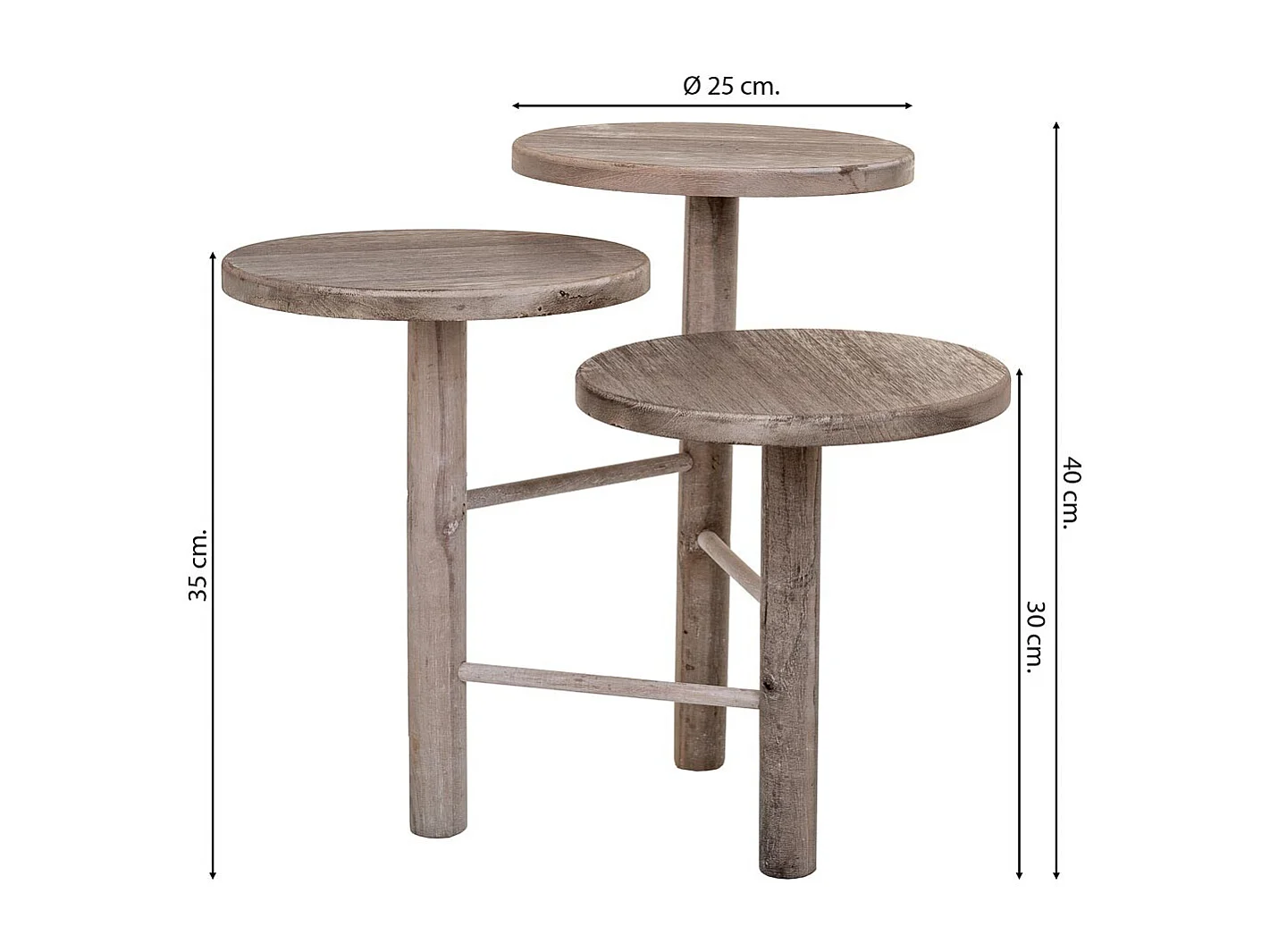 Soporte de madera para 3 macetas blanco d25x40/35/30