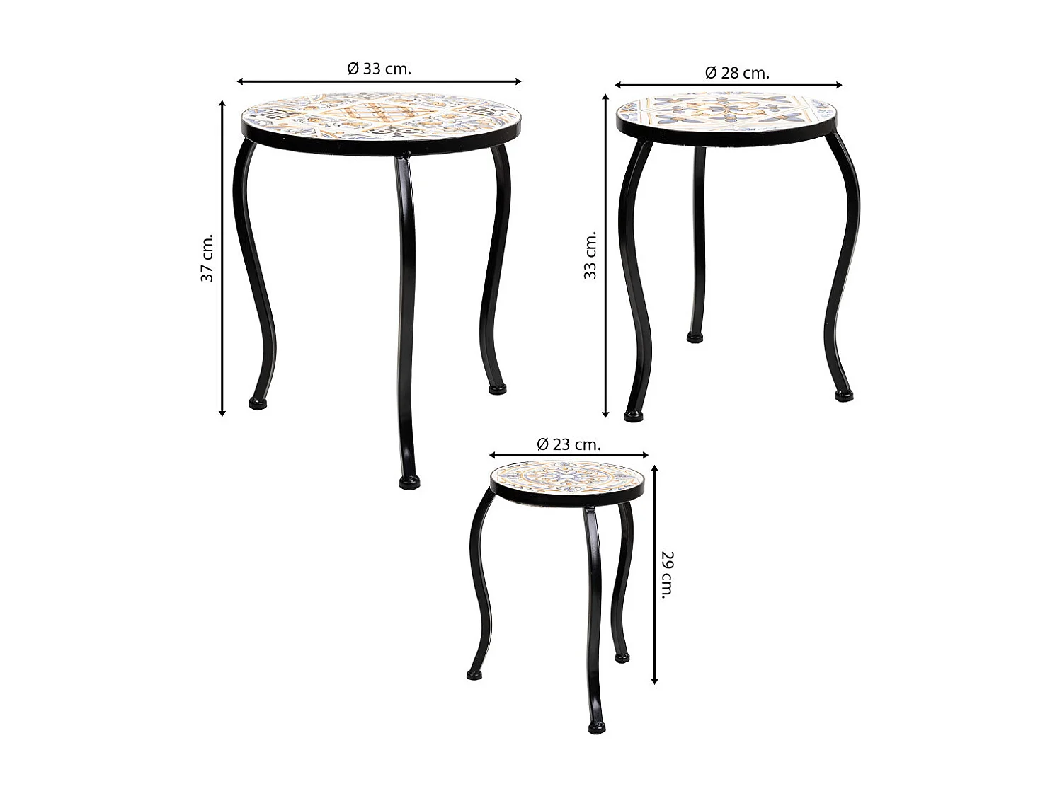 Set mit 3 schwarzen Mosaik- und Metallstützen