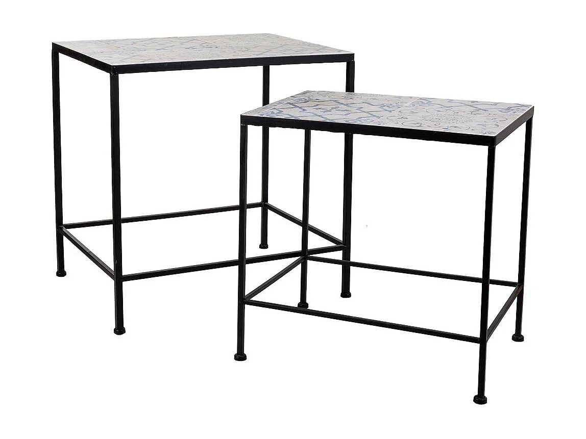 Set mit 2 Tischen aus schwarzem Schmiedeeisen und Mosaik
