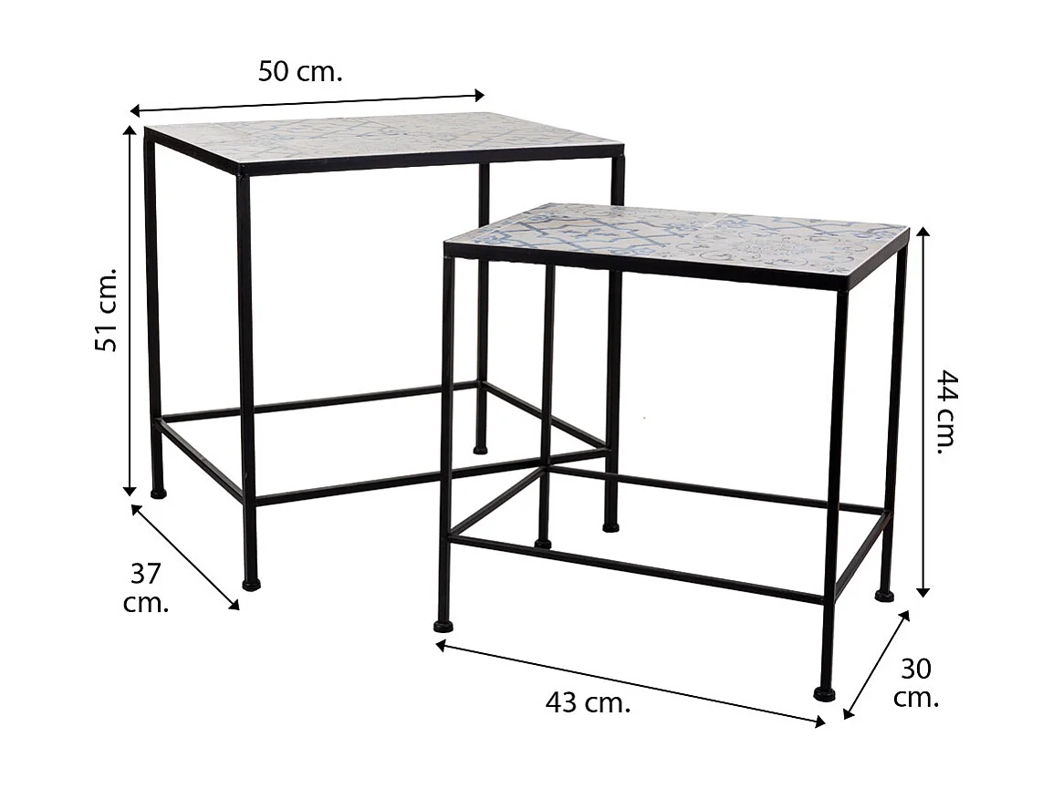 Set mit 2 Tischen aus schwarzem Schmiedeeisen und Mosaik