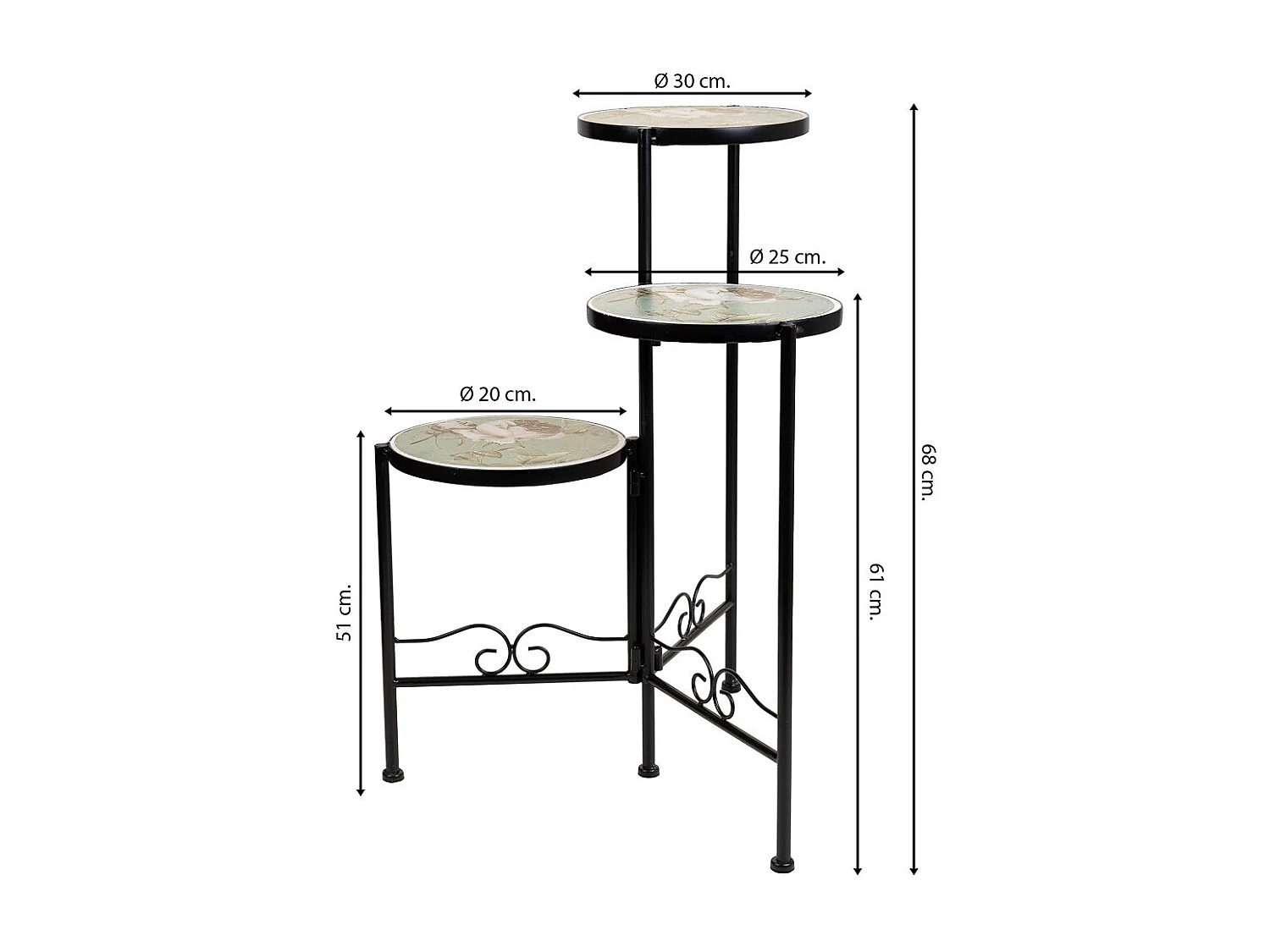 Schwarzes Mosaik und schmiedeeiserne Stütze D30x68h-T25x61h-T20x51h cm