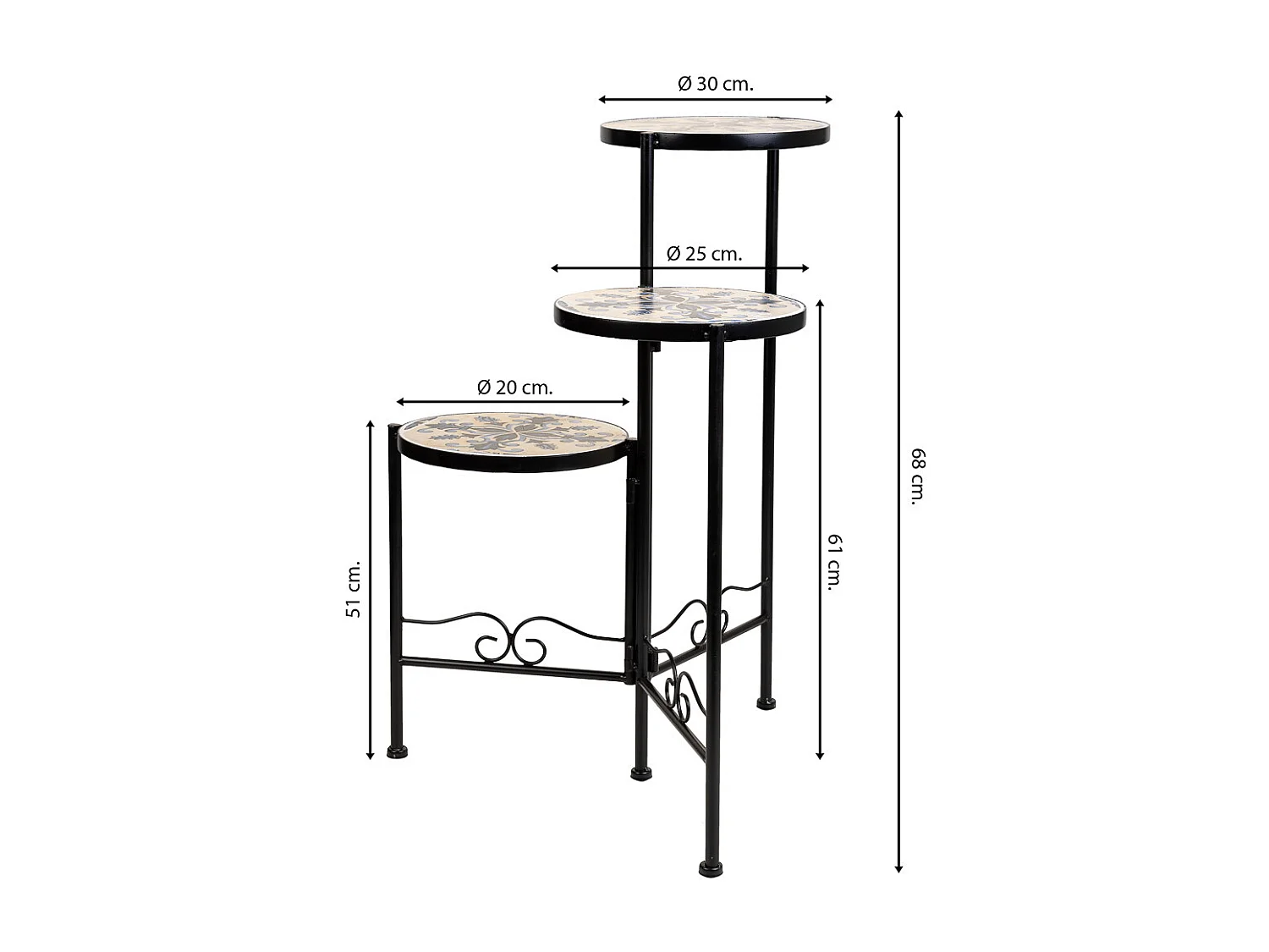 Support en mosaïque et fer forgé noir d30x68h-d25x61h-d20x51h