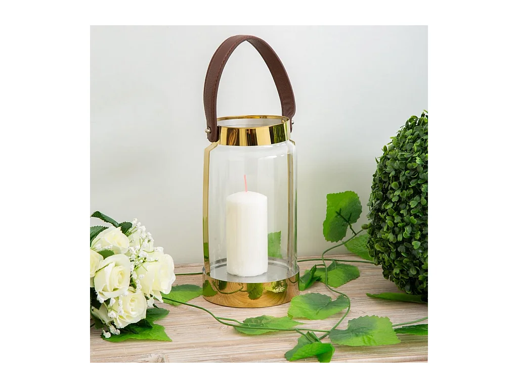 Lanterne en acier inoxydable et cristal doré 12,5x12,5x23h