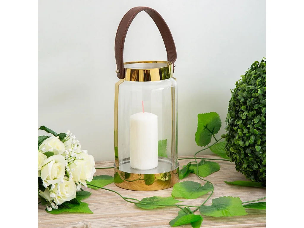 Farol de acero inoxidable y cristal dorado 12,5x12,5x23