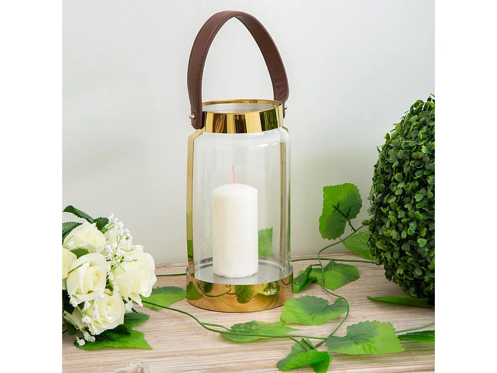 Farol de acero inoxidable y cristal dorado 12,5x12,5x23