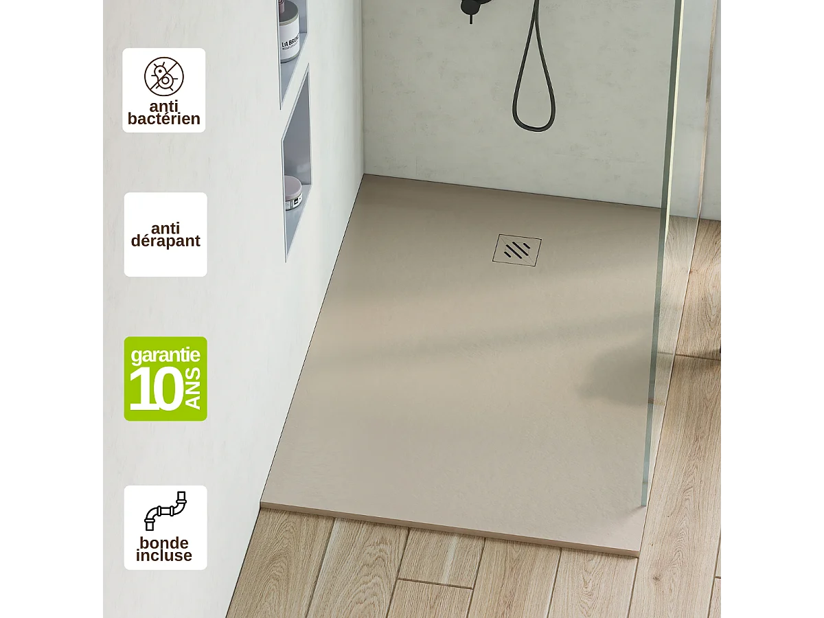 Receveur de Douche Extraplat 90X130cm Beige - Résine Minérale - Antidérapant - Effet Pierre Naturelle - RÉSIGRÈS.