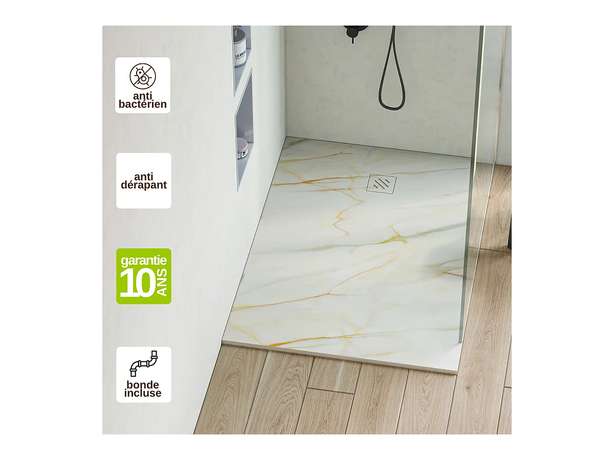 Receveur de Douche Extraplat  80x180x2,6cm – Impression Calacata Gold en Résine Minérale - Antidérapant - RÉSIGRÈS