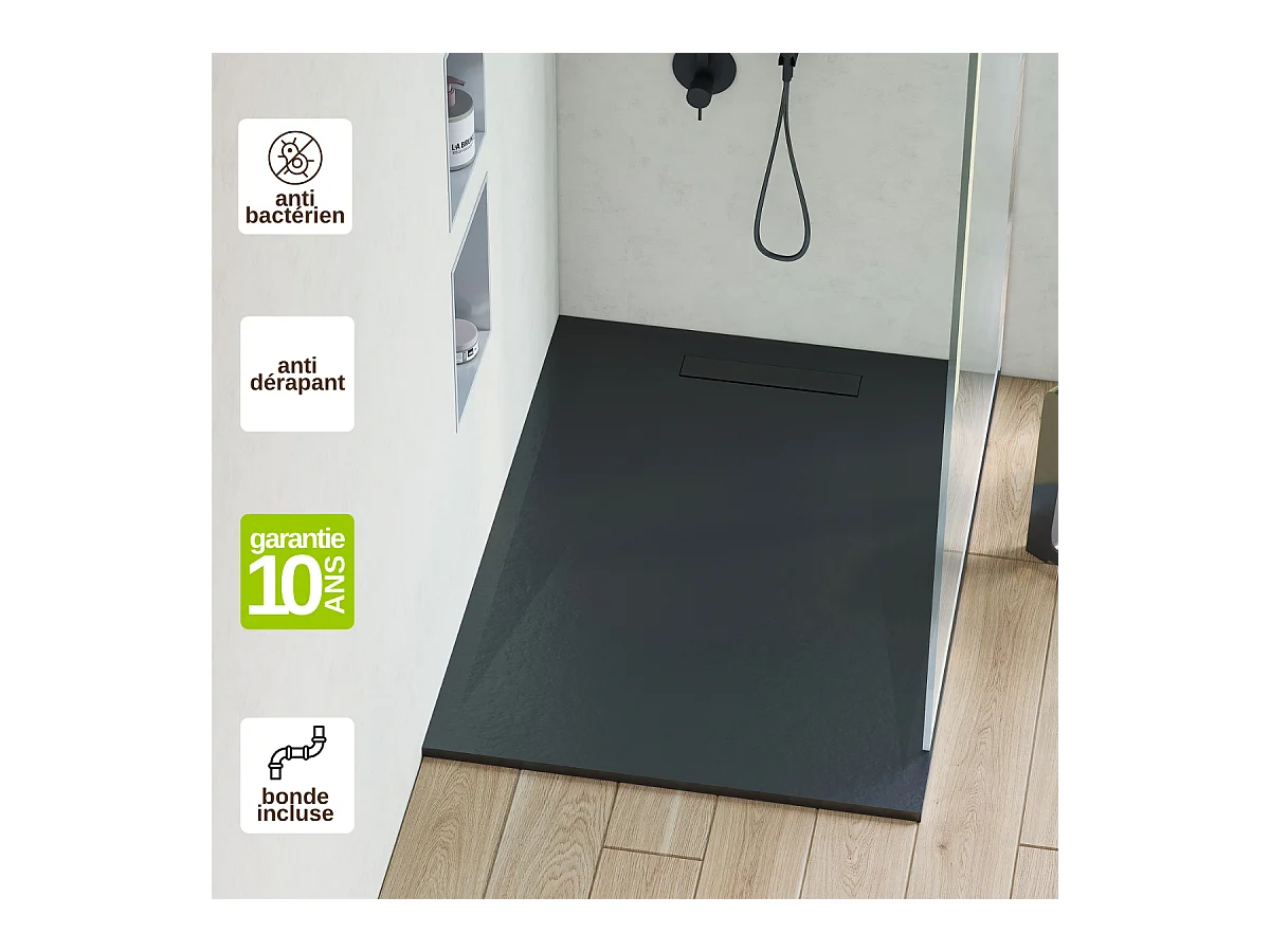 Receveur de Douche Extraplat 100X180x2,8cm Blanc en Résine Minérale – Antidérapant,Texture Ardoise - ADICIONAL RÉSIGRÈS