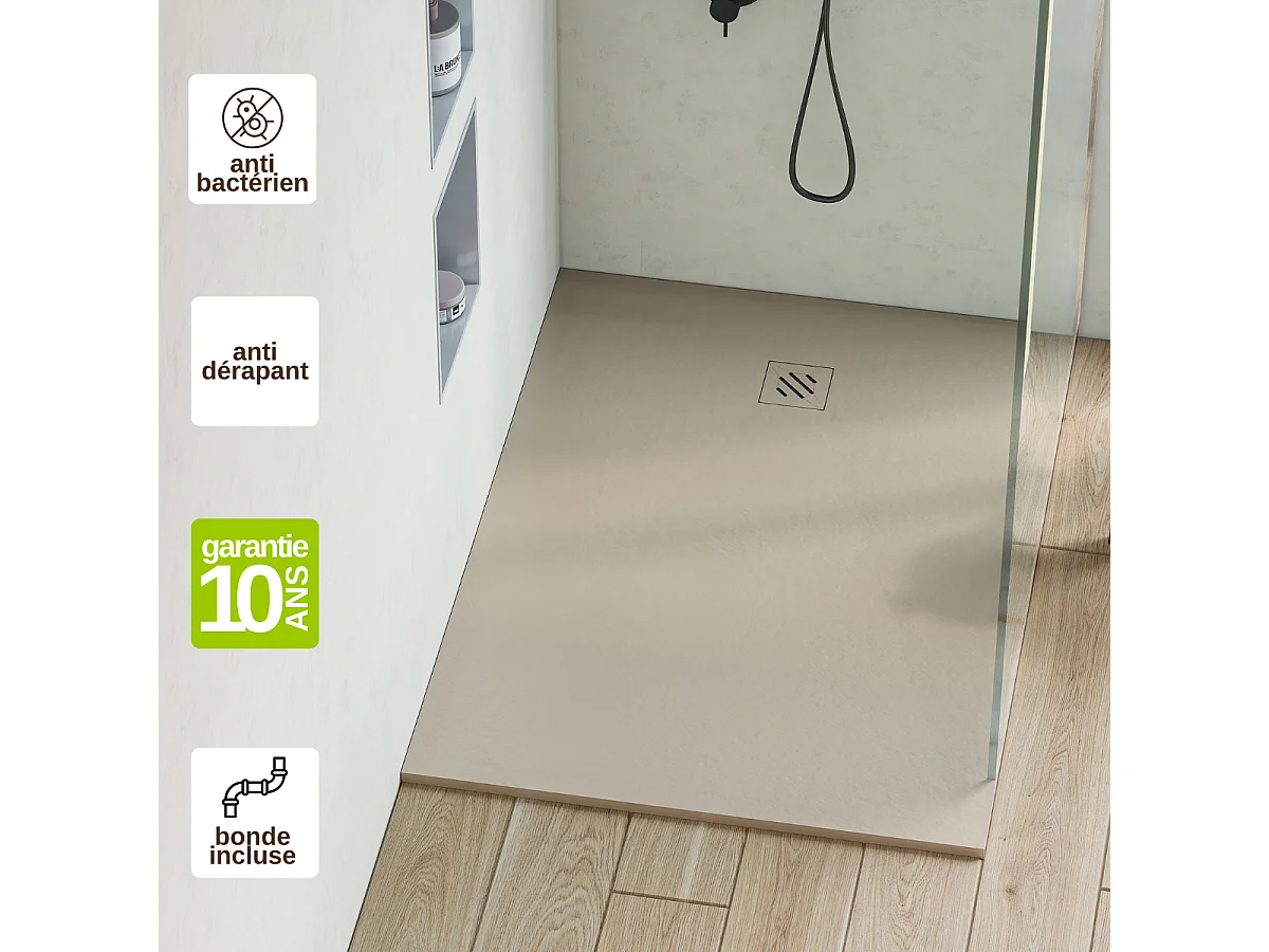 Receveur de Douche Extraplat 90X150cm Beige - Résine Minérale - Antidérapant - Effet Pierre Naturelle - RÉSIGRÈS.