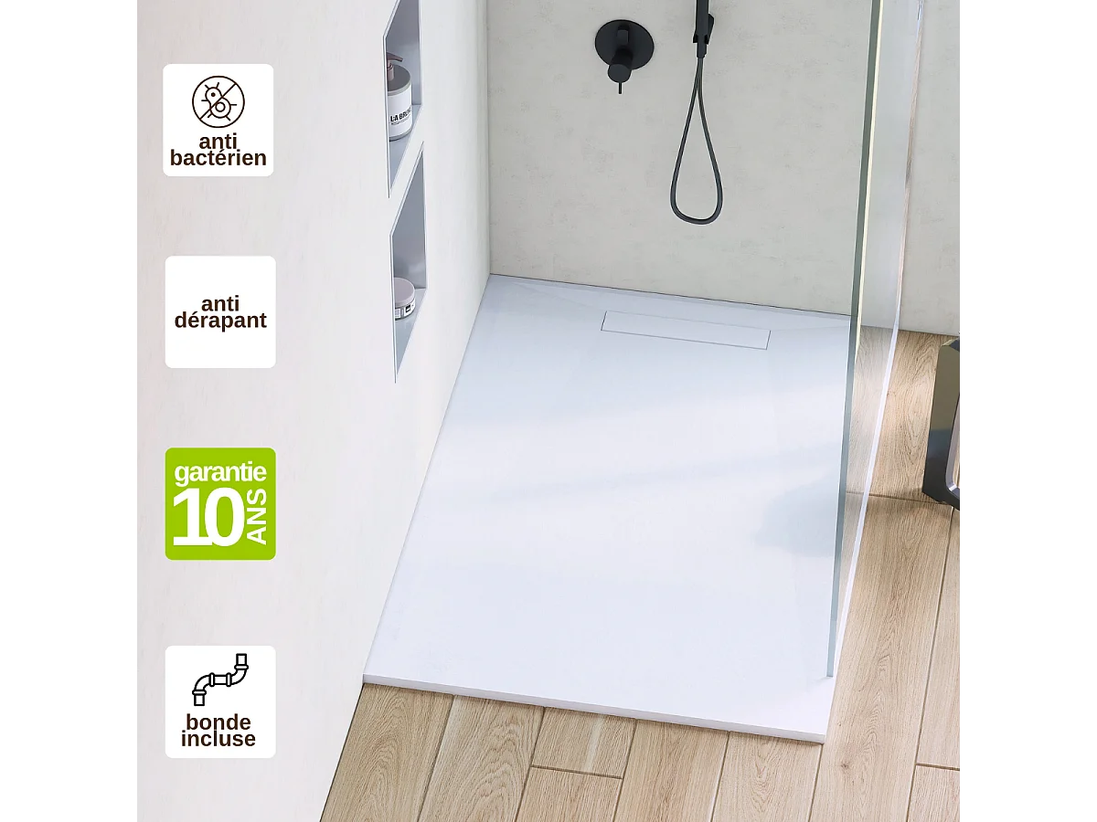 Receveur de Douche Extraplat 90X120cm Blanc - Résine Minérale - Antidérapant - Effet Pierre Naturelle - RÉSIGRÈS.