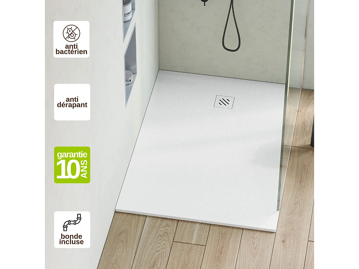 Receveur de Douche Extraplat 80X110cm Blanc - Résine Minérale - Antidérapant - Effet Pierre Naturelle - RÉSIGRÈS.