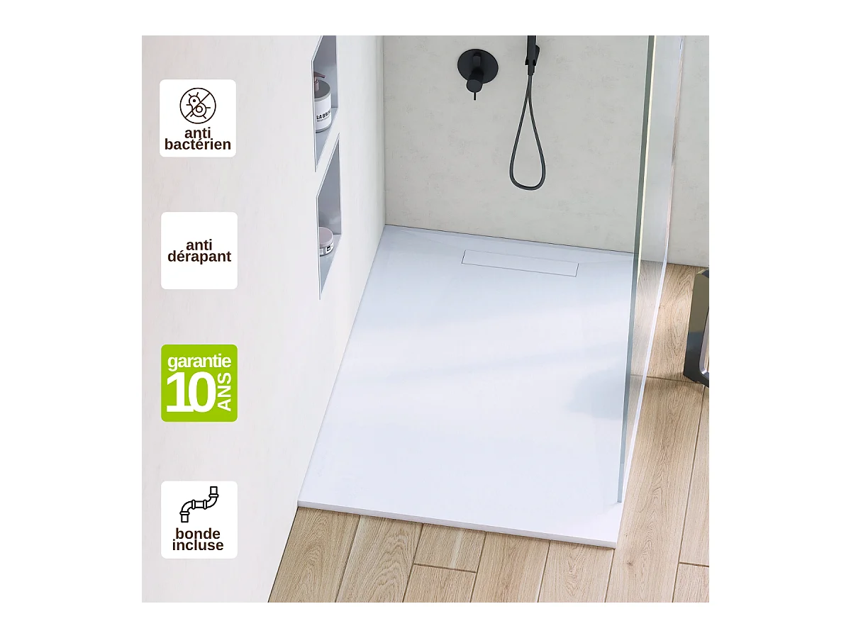 Receveur de Douche Extraplat 80X120x2,8cm Blanc en Résine Minérale – Antidérapant,Texture Ardoise - ADICIONAL RÉSIGRÈS