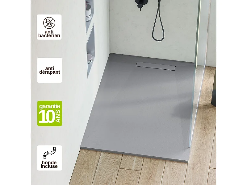 Receveur de Douche Extraplat 70X160x2,8cm Gris en Résine Minérale – Antidérapant,Texture Ardoise - ADICIONAL RÉSIGRÈS