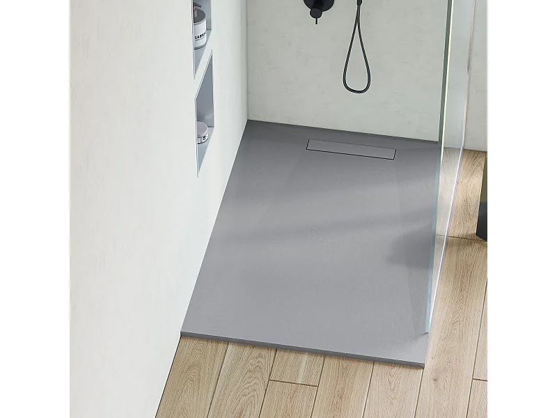 Receveur de Douche Extraplat 70X160cm Gris - Résine Minérale - Antidérapant - Effet Pierre Naturelle - RÉSIGRÈS.