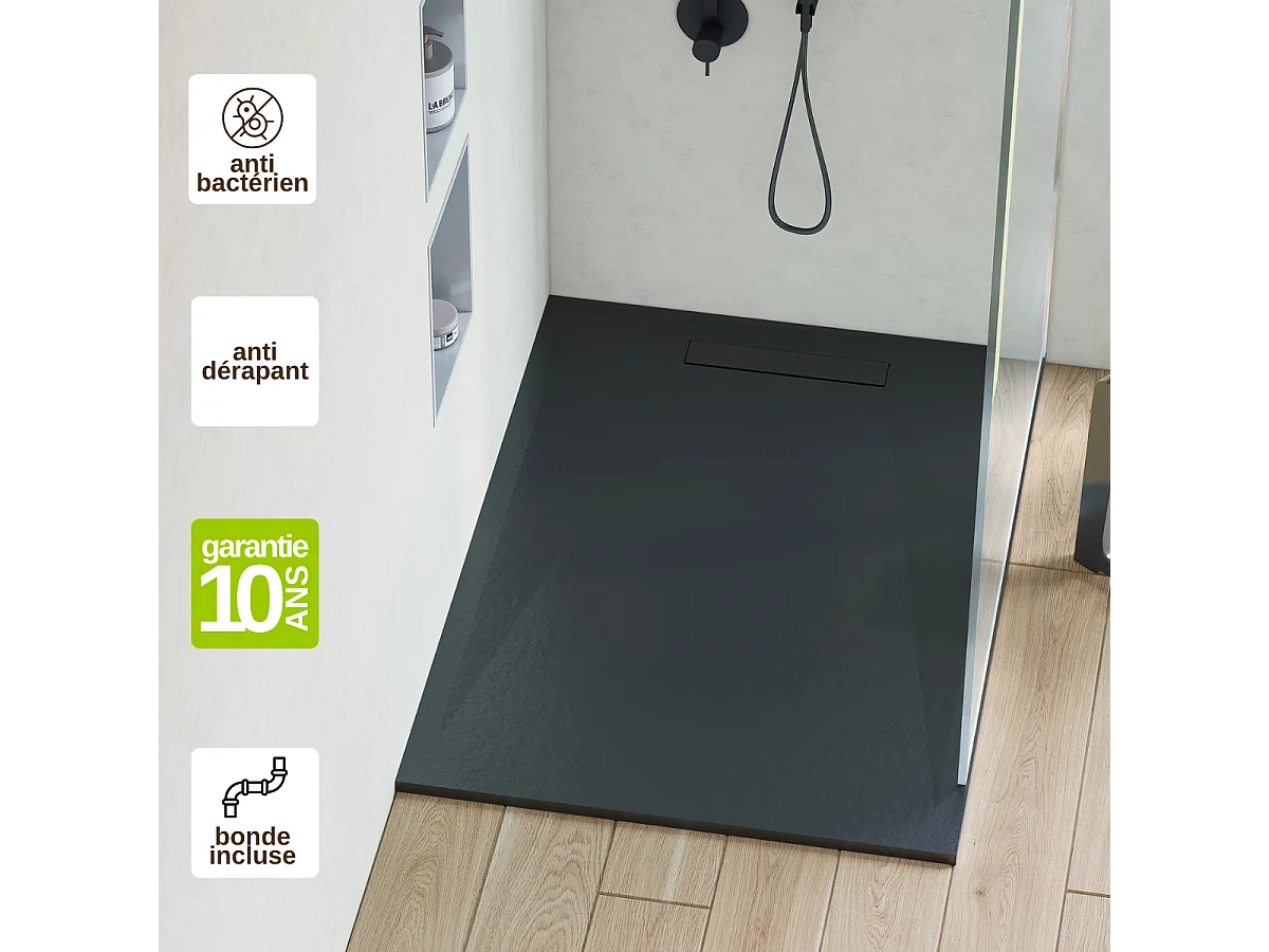 Receveur de Douche Extraplat 90X180cm Graphite - Résine Minérale - Antidérapant - Effet Pierre Naturelle - RÉSIGRÈS.