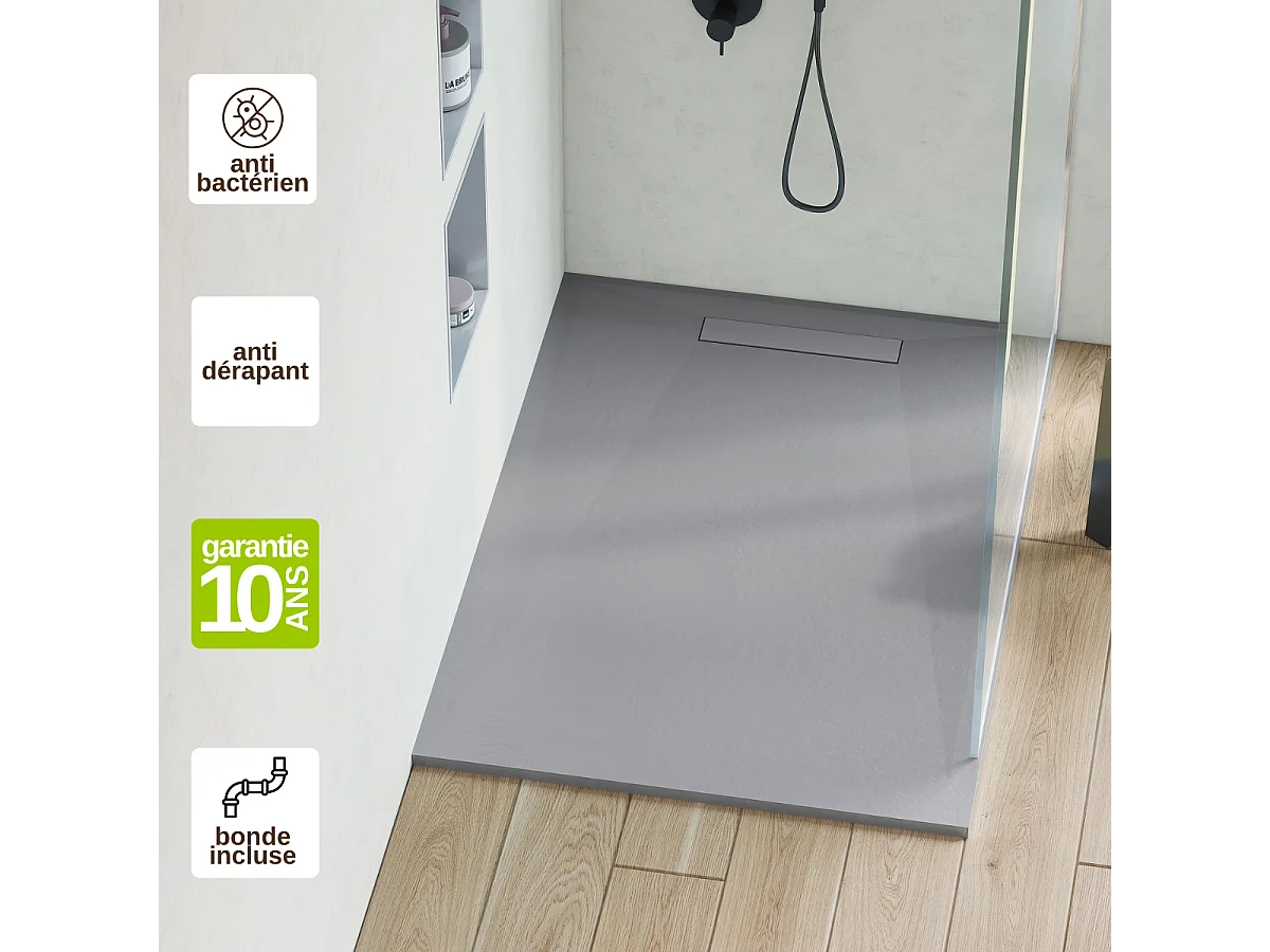 Receveur de Douche Extraplat 70X120cm Gris - Résine Minérale - Antidérapant - Effet Pierre Naturelle - RÉSIGRÈS.