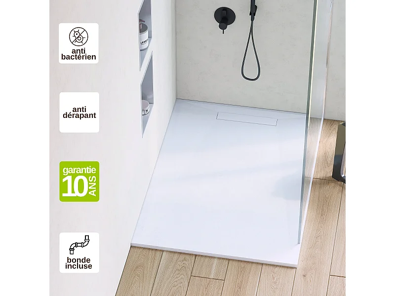 Receveur de Douche Extraplat 70X180x2,8cm Blanc en Résine Minérale – Antidérapant,Texture Ardoise - ADICIONAL RÉSIGRÈS