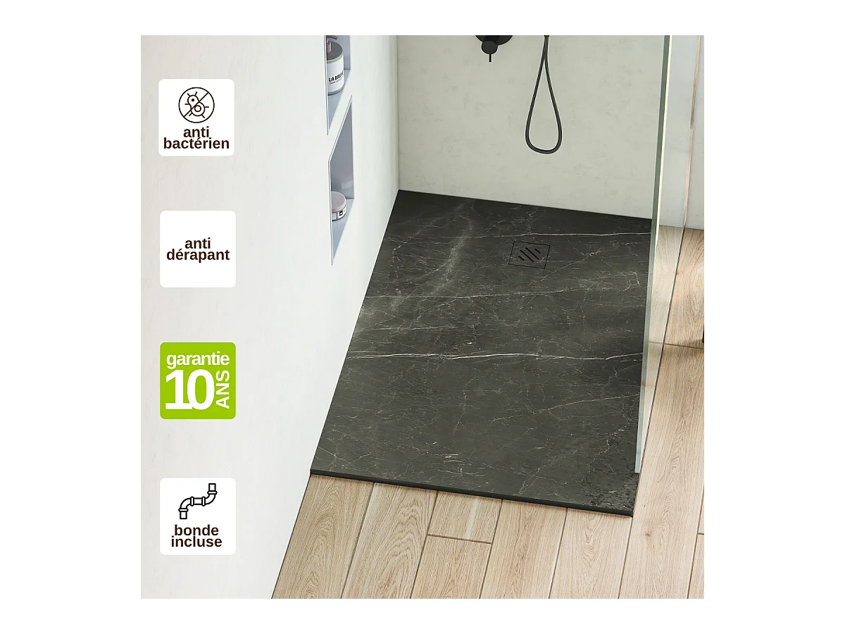 Receveur de Douche Extraplat  80x180x2,6cm – Impression Marquina en Résine Minérale - Antidérapant - RÉSIGRÈS