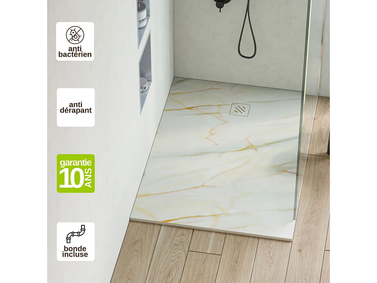Receveur de Douche Extraplat  90x90cm Impression Calacata Gold - Résine Minérale - Antidérapant - RÉSIGRÈS