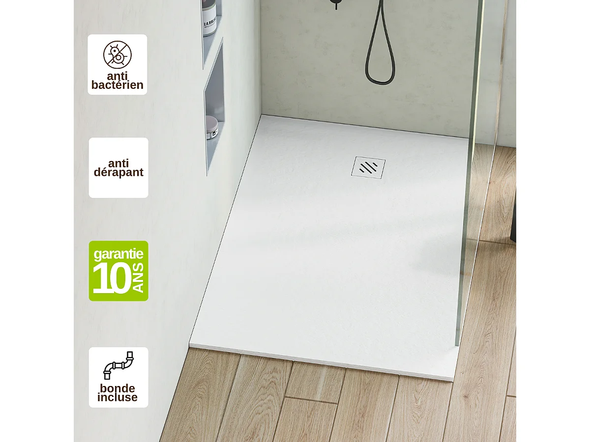 Receveur de Douche Extraplat 90x120cm Blanc - Résine Minérale - Antidérapant - Effet Pierre Naturelle - RÉSIGRÈS.
