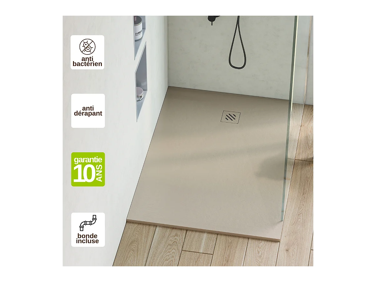 Receveur de Douche Extraplat 80x80x2,6cm Beige en Résine Minérale – Antidérapant, Texture Ardoise - MINIMO RÉSIGRÈS